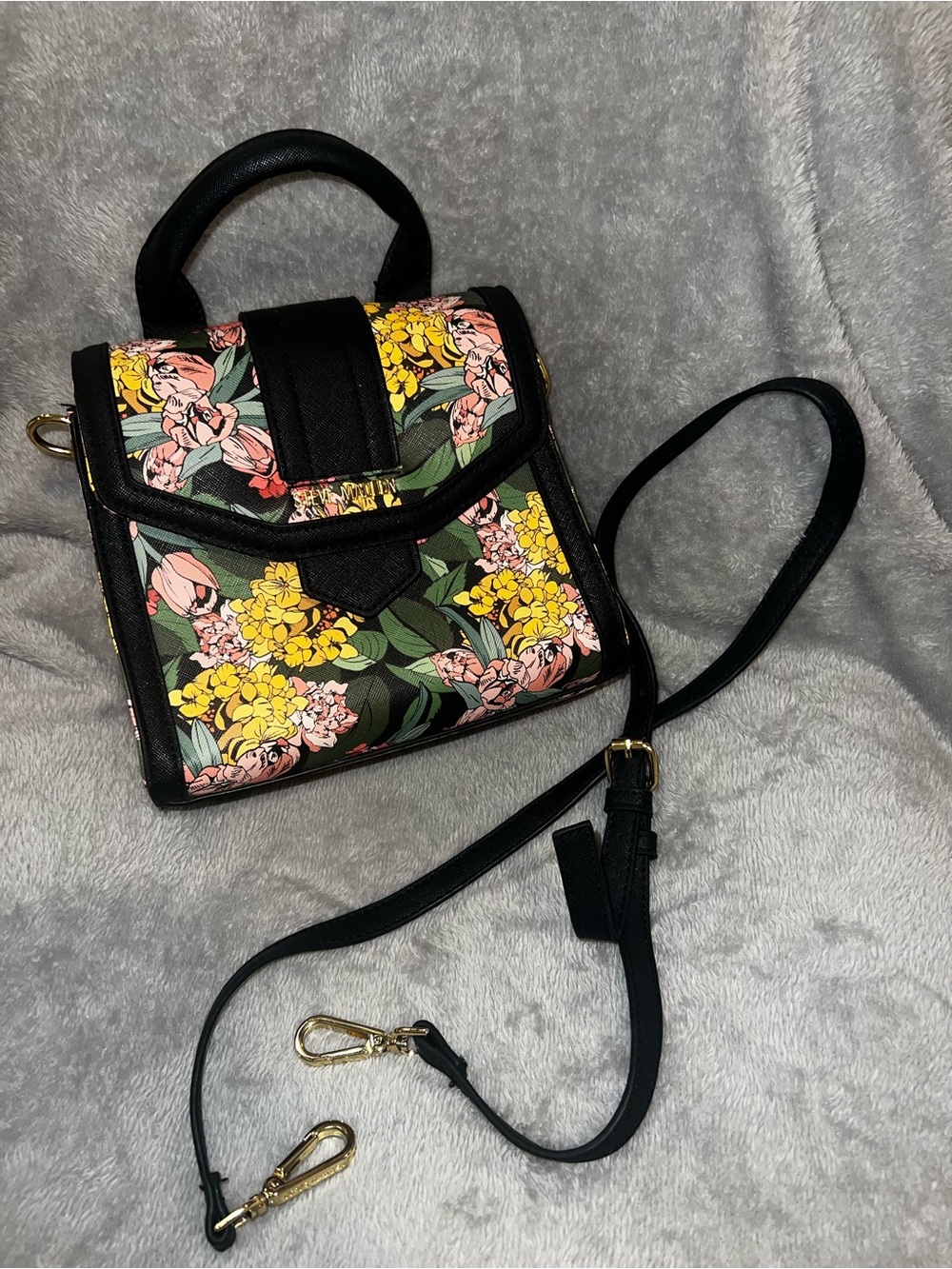 Steve Madden Floral Mini Satchel in Black with Pink & Yellow Flowers